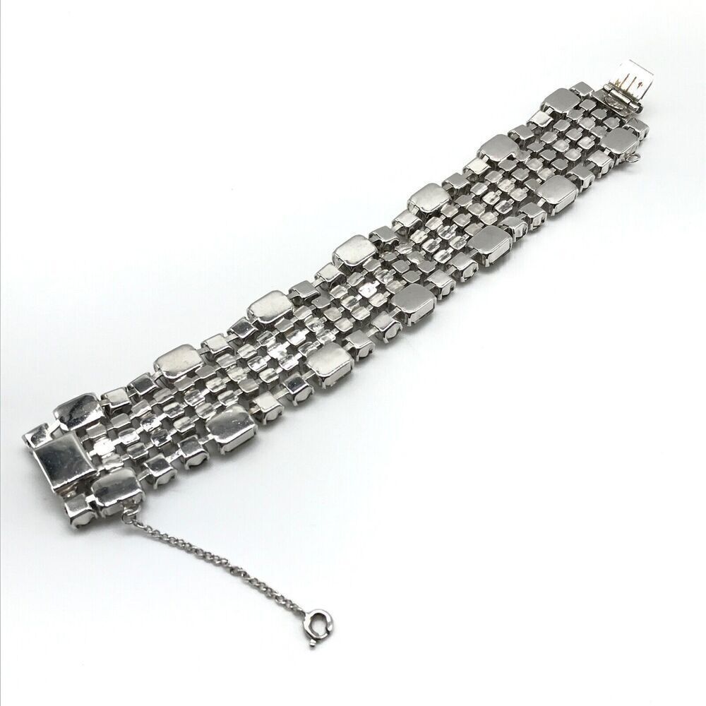 Weiss Signed Vintage Rhinestone Wide Five Row Statement Bracelet W/ Safety Chain - Picture 5 of 9